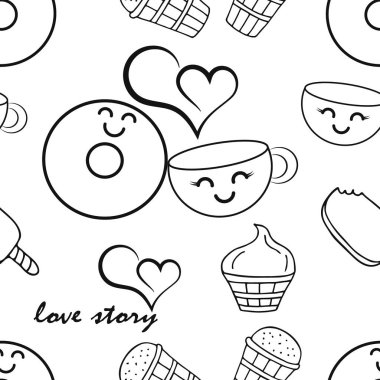Doodle aşk hikayesi çöreği ve bir fincan dikişsiz kahve. Eskiz yiyecekleri karede izole edilmiş. - Dondurma. Kek. Güzel kafe ya da çocuk bezi için tasarlanmış. El çizimi çizimi. Vektör hisse senedi çizimi. EPS 10