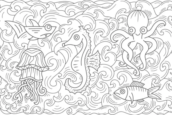 Outline underwater animal isolated on white. Octopus, shark, jellyfish, fish, seahorse in water. Sketch hand drawing art line. Coloring page book. Outline sea life. Vector stock illustration