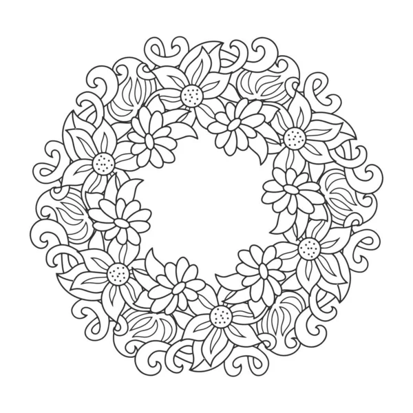 Doodle Elegancia Borde Icono Aislado Blanco Esquema Flores Marco Hoja — Vector de stock