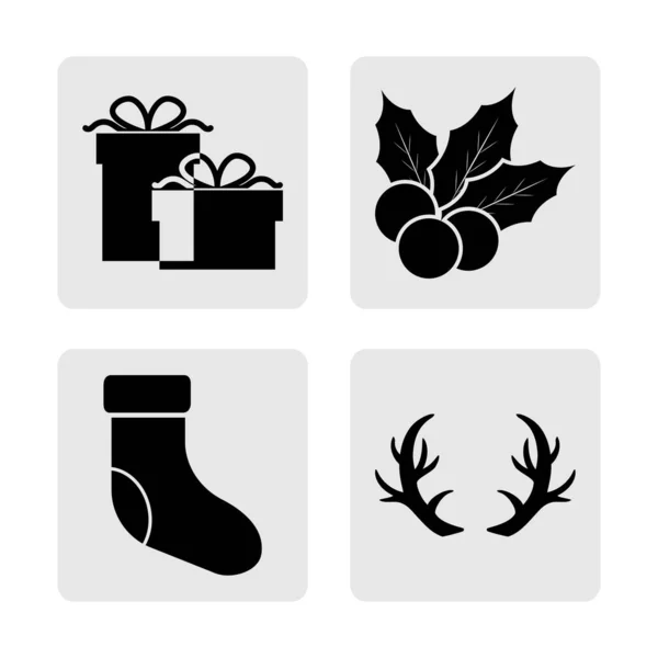 Set Black Christmas Stencil Gray Collection Icons Sock Gift Antler — Stock Vector