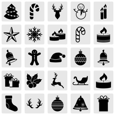 Noel şablonu seti. Simge koleksiyonu. Geyik, noel balosu, kızak, zil, mum, tatlı, hediye vesaire. Vektör hisse senedi yanılsaması. EPS 10