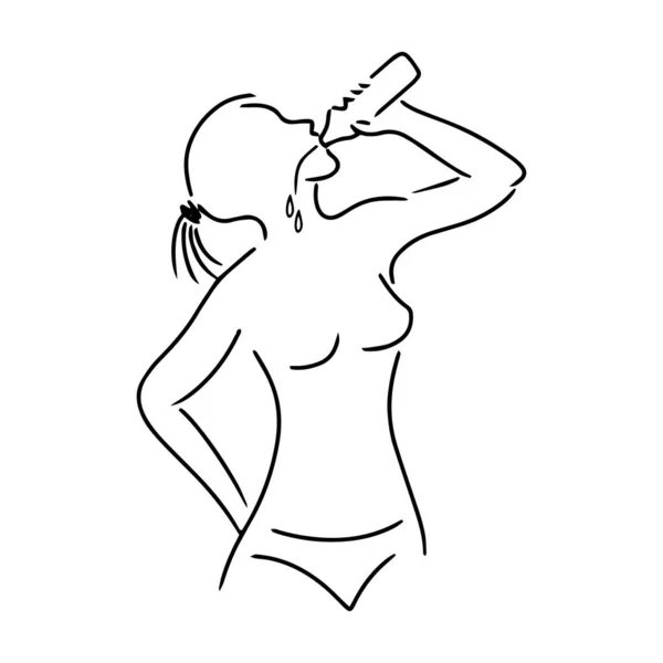 Дудл Женщины Пьют Водяную Икону Изолированную Белом Ручной Рисунок Рисунок — стоковый вектор