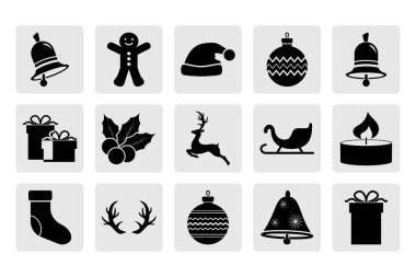 Noel şablonu seti. Simge koleksiyonu. Geyik, noel balosu, kızak, zil, mum, tatlı, hediye vesaire. Vektör hisse senedi yanılsaması. EPS 10