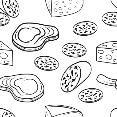 Ana hatları sosis, biftek ve peynirsiz beyaza izole edilmiş. Stencil yiyecek. Taslak vektör stok çizimi. EPS 10