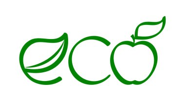 Beyaz üzerinde yaprak ve elma ikonu olan karalama ekosu metni. El çizimi sanatı. Taslak logo. Taslak vektör stok çizimi. EPS 10