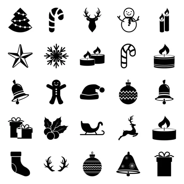 Noel şablonu beyaz üzerine izole edilmiş. Koleksiyon simgeleri. Geyik, noel balosu, kızak, zil, mum, tatlı, hediye vesaire. Vektör hisse senedi yanılsaması. EPS 10