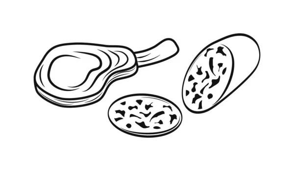 Salsicha Ícone Conjunto Bifes Isolado Branco Comida Estêncil Desenho Ilustração — Vetor de Stock