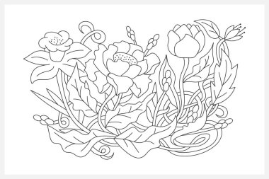 Sayfa boyama kitabı: Haşhaş, lale, şakayık, nergis yapraklı, çimenli. El çizimi beyaz üzerine izole edilmiş çiçek. Taslak vektör stok çizimi. EPS 10