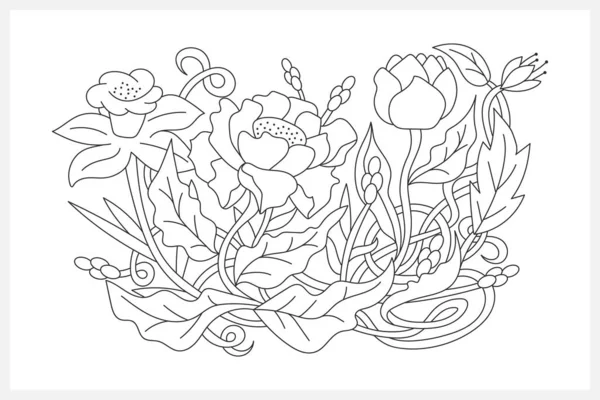 페이지 Doodle Poppy Tulip Peony Daffodil Leaf Grass 피운다 스케치 — 스톡 벡터