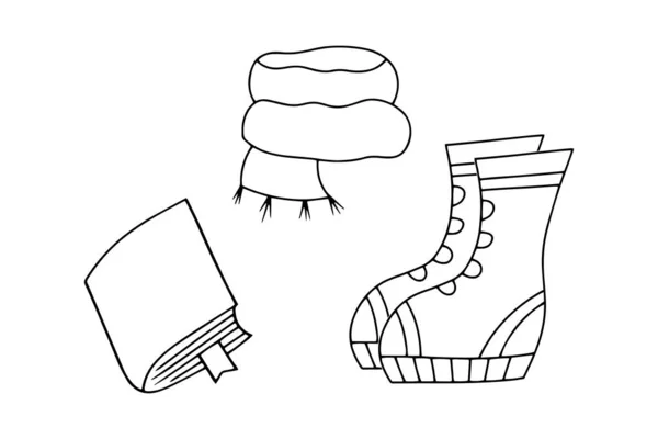 Conjunto Outono Isolado Branco Pano Esboço Livro Sapato Delinear Ilustração —  Vetores de Stock