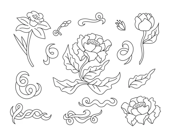 Doodle Färg Blomma Med Blad Och Våg Isolerad Vitt Bundle — Stock vektor