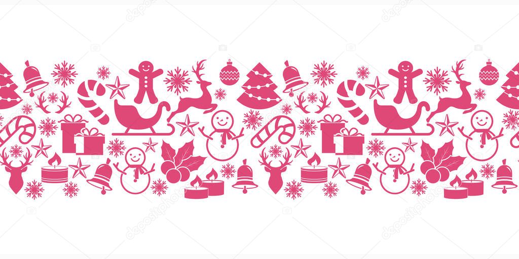 Christmas stencil seamless border isolated on white. Deer, christmas ball, sledge, bell, candle, sweet, gift etc. Vector stock illlustration. EPS 10