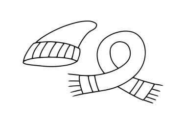 Sonbahar ya da kış şapkası, beyaz üzerine izole edilmiş eşarp simgesi. Psge kitabını boyuyorum. Çocuk el çizimi sanatı. Taslak vektör stok çizimi. EPS 10