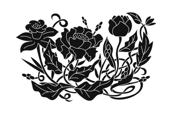 Мак Тюльпан Пион Нарцисс Листом Травой Трафаретный Рисунок Цветок Изолирован — стоковый вектор