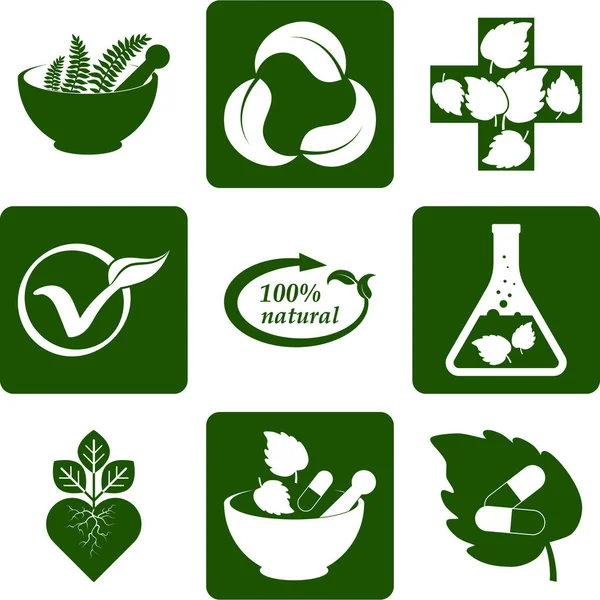 Herbal Medicine Set Icons Isolated White Stencil Eco Symbols Vector — Stock Vector