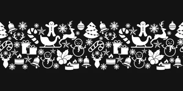 Noel şablonsuz sınırı. Geyik, noel balosu, kızak, zil, mum, tatlı, hediye vesaire. Vektör hisse senedi yanılsaması. EPS 10