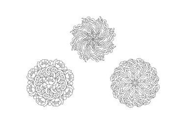 Yapraklı ve dalgalı anti-stres çiçeği karala, mandala seti. Boyama kitabı beyaza izole edilmiş. El çizimi çizimi. Taslak vektör stok çizimi. EPS 10