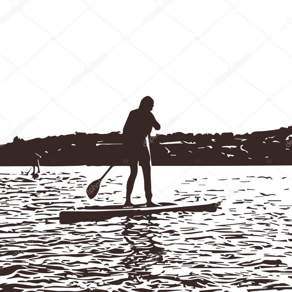 Doodle people on sup isolated on white. Sport vector stock illustration. EPS 10