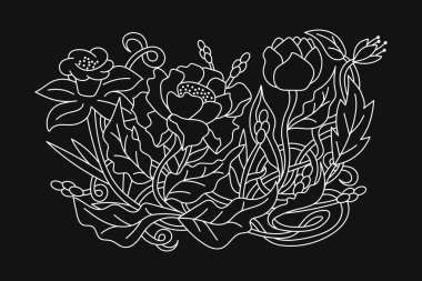 Haşhaş, lale, şakayık, nergis yapraklı, çimenli. El çizimi çiçek. Taslak vektör stok çizimi. EPS 10