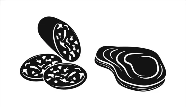 Sosis Steak Set Ikon Terisolasi Pada Putih Makanan Stencil Ilustrasi - Stok Vektor