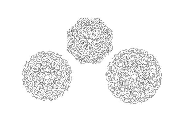 Doodle Fleur Antistress Avec Feuilles Vagues Ensemble Mandala Livre Coloriage — Image vectorielle