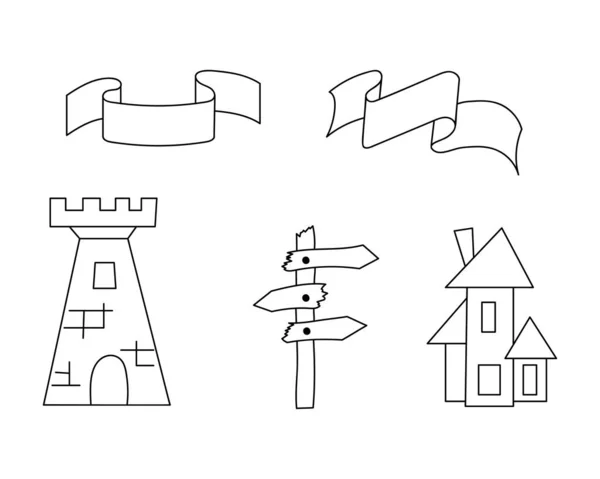 Doodle Maison Halloween Panneau Signalisation Icône Ruban Isolé Sur Blanc — Image vectorielle