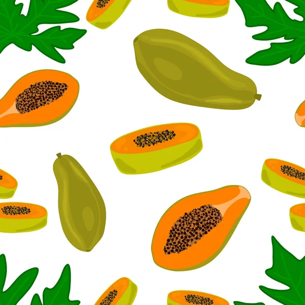 Papaya Mit Blatt Nahtlos Muster Isoliert Auf Weiß Digitales Papier — Stockvektor