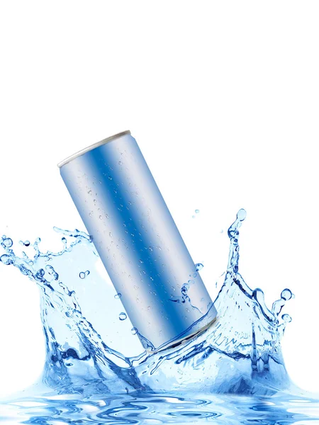 Blauw Aluminium Kan Met Water Splash Isoleren Witte Achtergrond — Stockfoto
