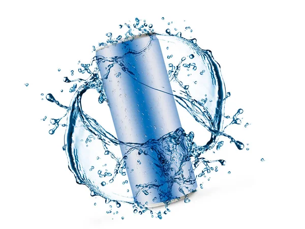 Frisdrank Kan Met Water Splash Witte Achtergrond — Stockfoto