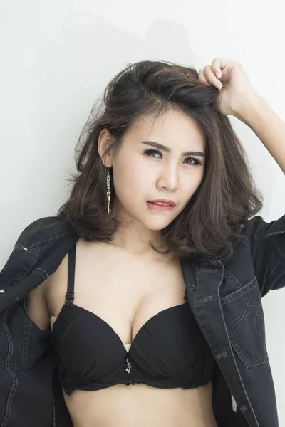 Asiatische Sexy Frauen Schwarzer Unterwäsche Nahaufnahme — Stockfoto
