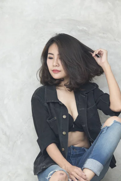 Asiatiska Sexig Kvinnor Svart Jean Studio — Stockfoto