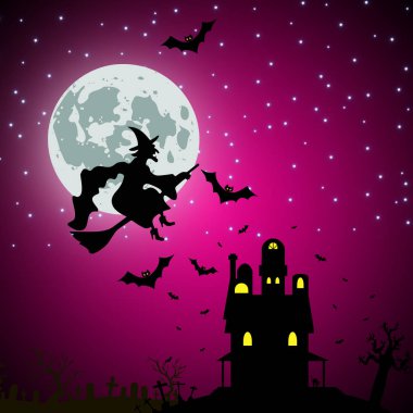 Genç cadı üç yarasa simgesi uçan. Cadı silhuette beyaz arka plan üzerinde