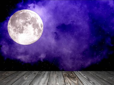 Gece gökyüzünde yıldızlar ve dolunay, ahşap plakalar ile