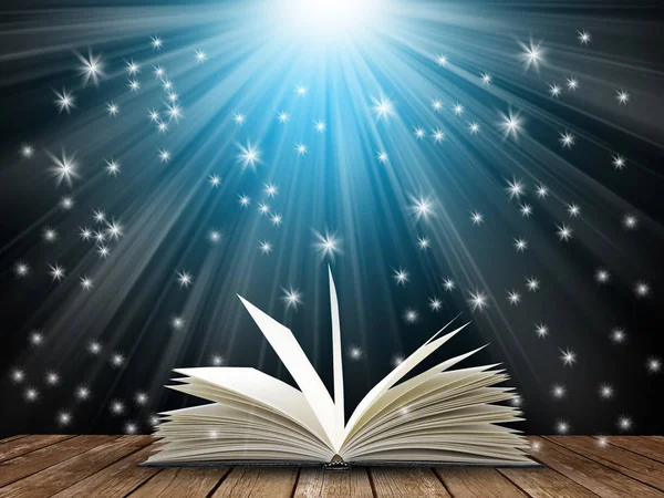 Siyah arka plan üzerine açık kitap mistik parlak ışık ile