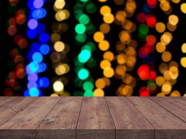 Noel tatil arka plan boş ahşap masa üzerinde şenlikli bokeh ışık decorat üstü ile
