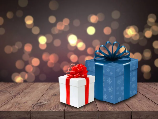 Caja Regalo Blanca Azul Sobre Mesa Madera Sobre Fondo Navidad — Foto de Stock