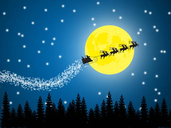 Ilustracja Santa Jazdy Jego Sanie Reniferów Uruchomiona Świetle Księżyca Wesołych — Zdjęcie stockowe