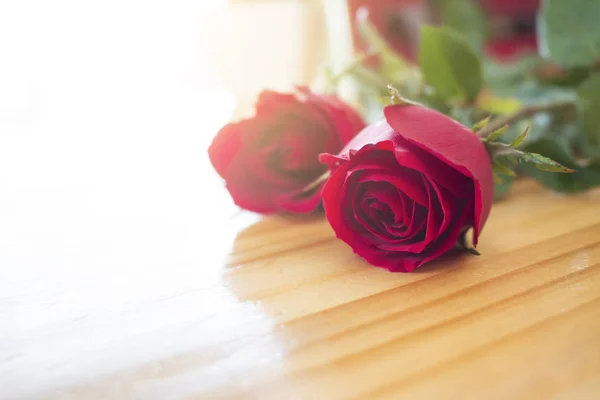 Zwei schöne rote Rosen auf dem Tisch lizenzfreie Stockbilder