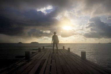 Deniz ahşap köprü üzerinde duran ve bir su seyir genç kadın