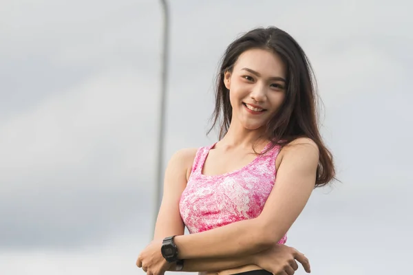 Portrait beautiful young sport asian woman with sport bra — Stock Photo, Image