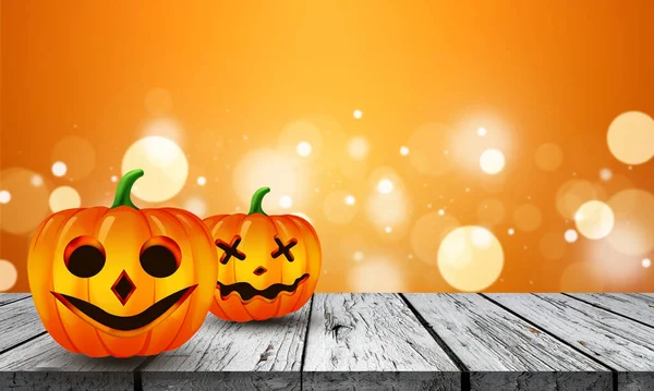 Halloween Pumpor Trä Med Orange Bakgrund — Stockfoto