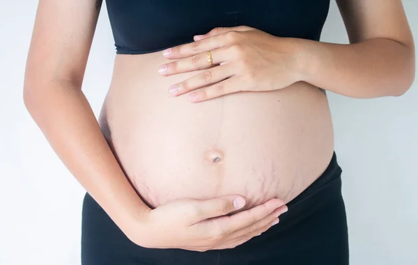 Pregnant Woman Hand Holding Her Belly — Stock Photo, Image