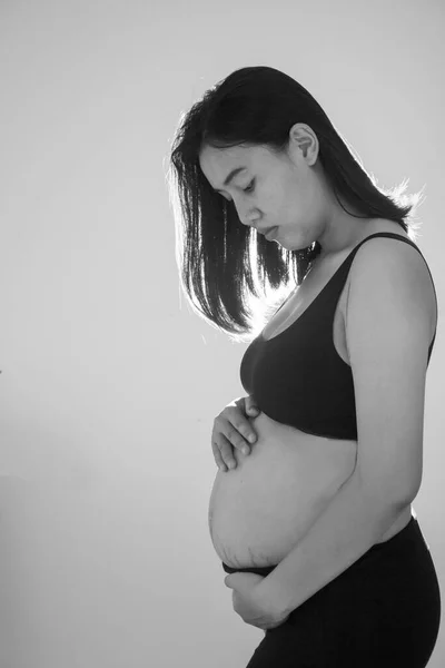 Pregnant Woman Standing Holding Her Belly Months Pregnant Black White — Stock Photo, Image