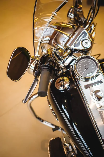 Detail of a classic American motorcycle. Classic bike. Chrome details and black rubber details