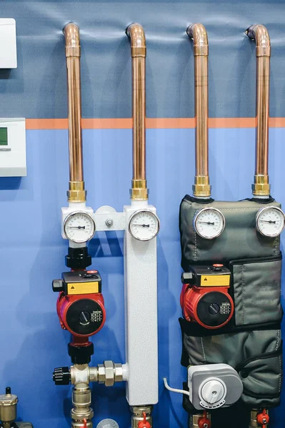 Ther Thermometer Pipes Faucet Valves Heating System Boiler Room Stock Photo