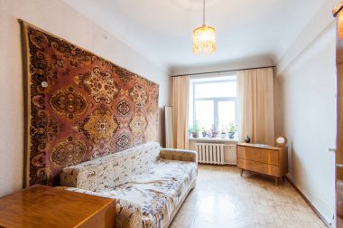 Rusya, Moskova... 14 Mayıs 2018: İç mekan dairesi. Yurtta standart onarım dekorasyonu