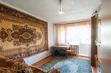 Rusya, Moskova... 14 Mayıs 2018: İç mekan dairesi. Yurtta standart onarım dekorasyonu