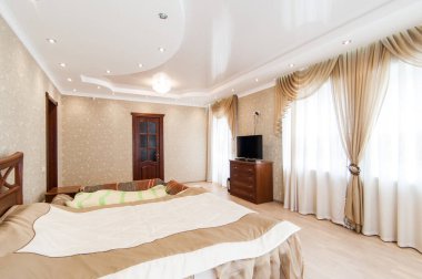 Rusya, Moskova... 21 Mayıs 2019: İç mekan dairesi. Pansiyonda standart onarım dekorasyonu. Kasaba evi