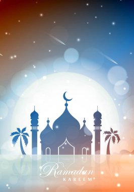 Vektör İllüstrasyonu Ramazan Kareem. Camili tebrik kartı, büyük ay, yıldızlar, palmiye ağaçları, gece çölü. Ramazan Kareem geçmişi.