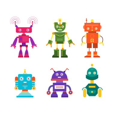 Vektör modern robot karakter simgeler stilini ayarla. Düz renkli robotlar.